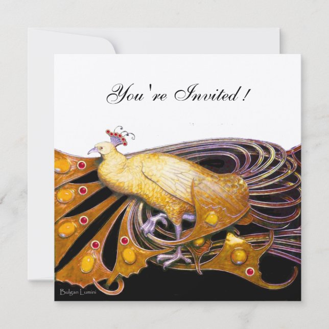 ELEGANT PEACOCK IN YELLOW BLACK AND GOLD Metallic Invitation (Front)