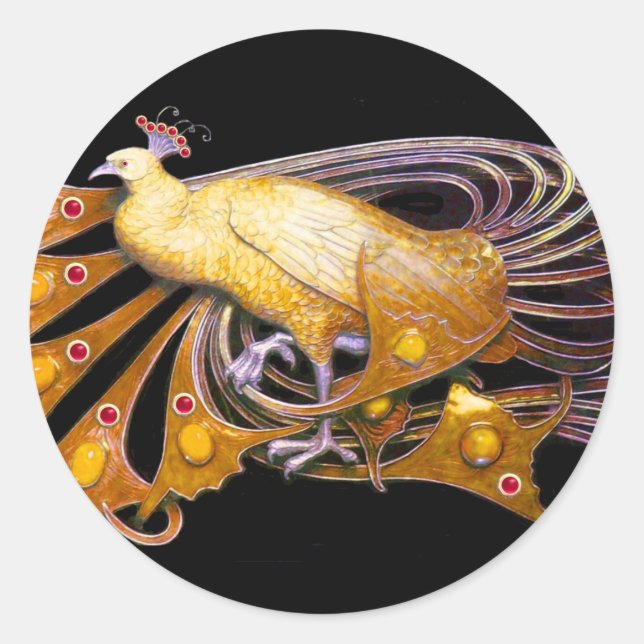 ELEGANT PEACOCK IN YELLOW ,BLACK CLASSIC ROUND STICKER (Front)