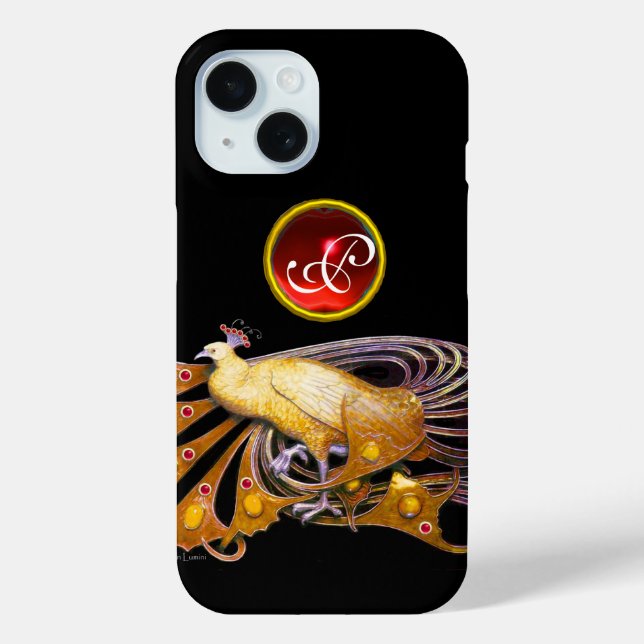 ELEGANT PEACOCK IN YELLOW, RUBY MONOGRAM Case-Mate iPhone CASE (Back)