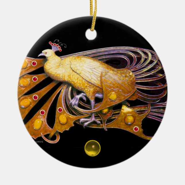 ELEGANT PEACOCK IN YELLOW TOPAZ CERAMIC TREE DECORATION (Front)