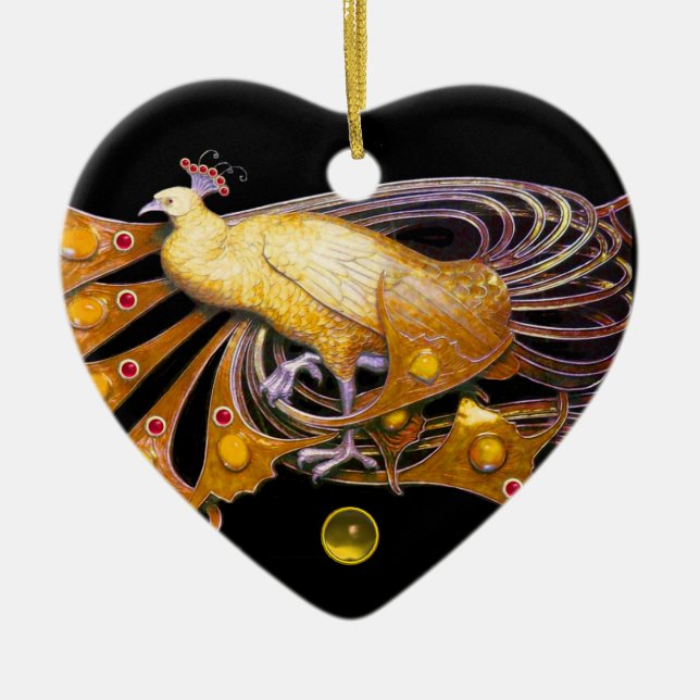ELEGANT PEACOCK IN YELLOW TOPAZ HEART CERAMIC TREE DECORATION (Front)
