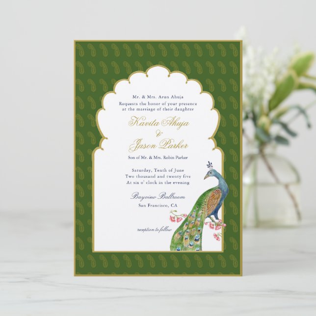 Elegant Peacock Indian wedding Dark Green  Invitation (Standing Front)