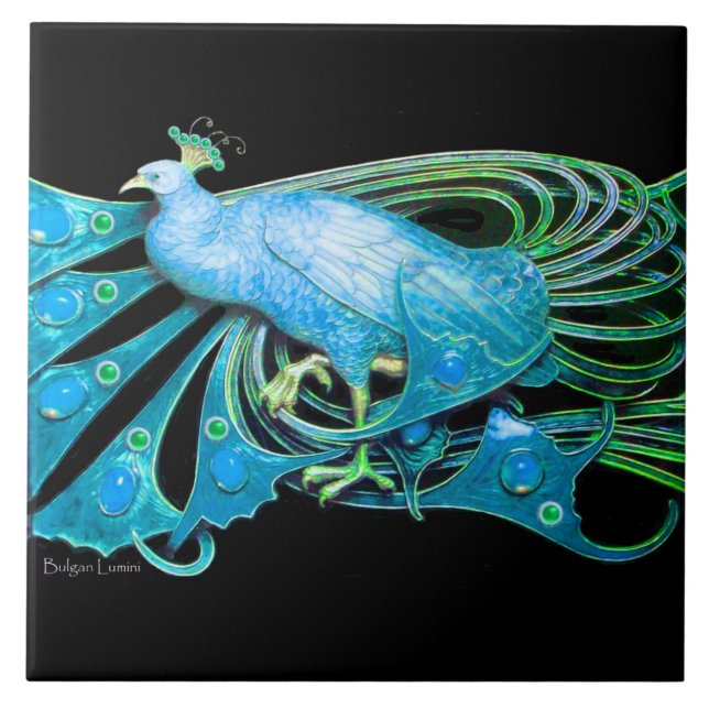 ELEGANT PEACOCK JEWEL IN AQUA BLUE TEAL TILE (Front)