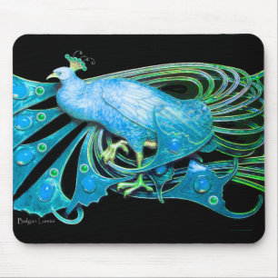 ELEGANT PEACOCK JEWEL IN AQUA BLUE TURQUOISE BLACK MOUSE MAT