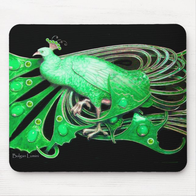 ELEGANT PEACOCK JEWEL IN EMERALD GREEN BLACK MOUSE MAT (Front)