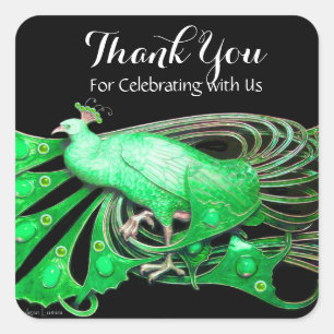 ELEGANT PEACOCK JEWEL IN GREEN,BLACK Thank You Square Sticker