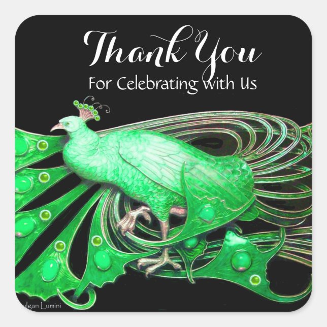 ELEGANT PEACOCK JEWEL IN GREEN,BLACK Thank You Square Sticker (Front)