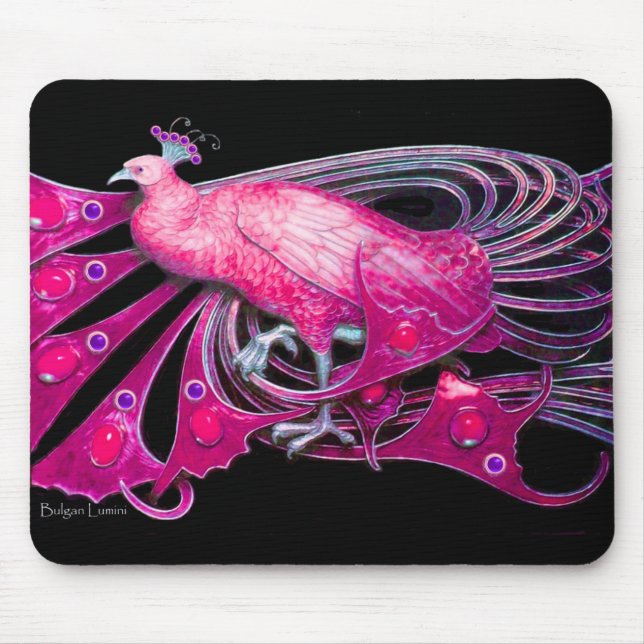 ELEGANT PEACOCK JEWEL IN PINK FUCHSIA BLACK MOUSE MAT (Front)