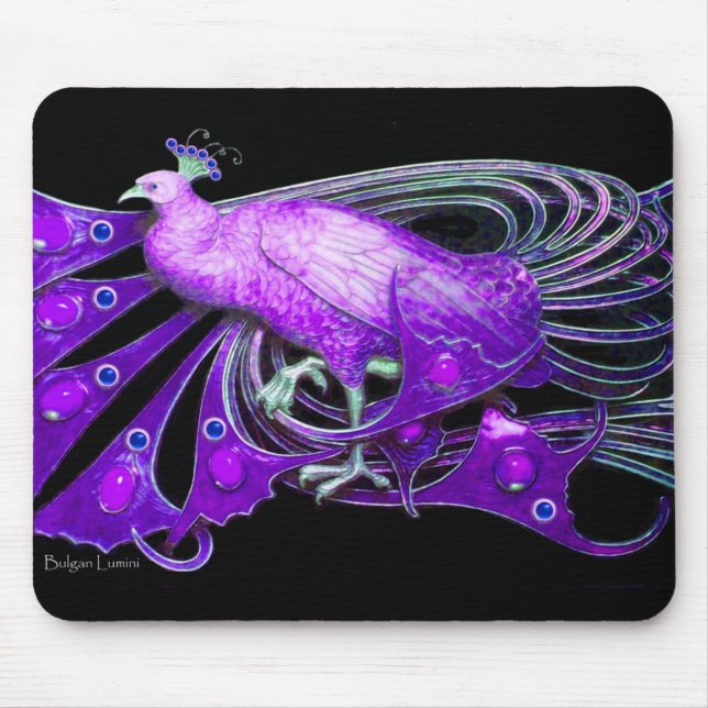 ELEGANT PEACOCK JEWEL IN PURPLE BLACK MOUSE MAT (Front)