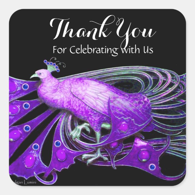 ELEGANT PEACOCK JEWEL IN PURPLE ,BLACK Thank You Square Sticker (Front)
