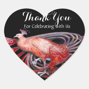 ELEGANT PEACOCK JEWEL IN RED BLACK Thank You Heart Sticker