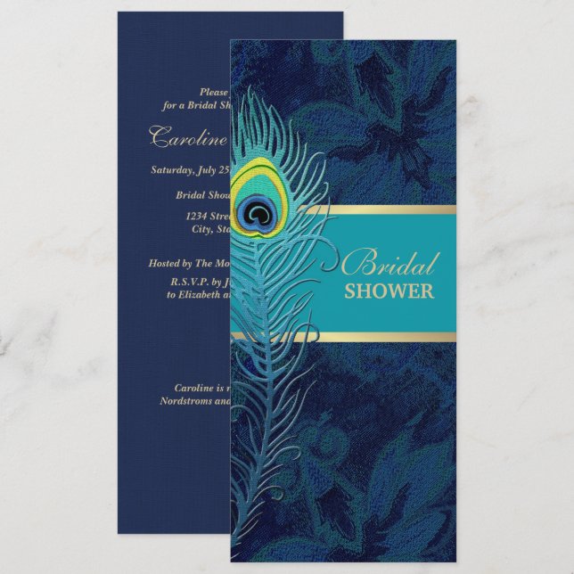 Elegant Peacock Navy Blue Bridal Shower Invitation (Front/Back)