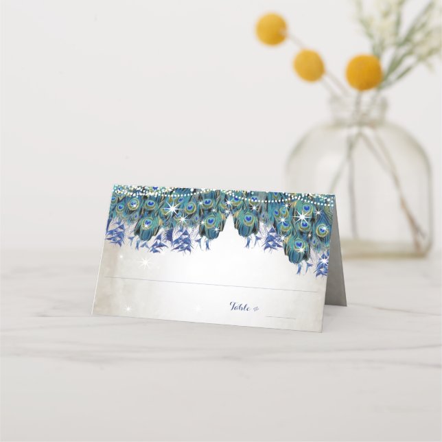 Elegant Peacock Navy Rustic Luxe Place Cards (Front)