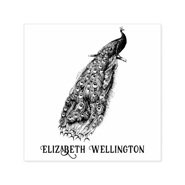 Elegant Peacock on a Branch Name Self-inking Stamp (Design)