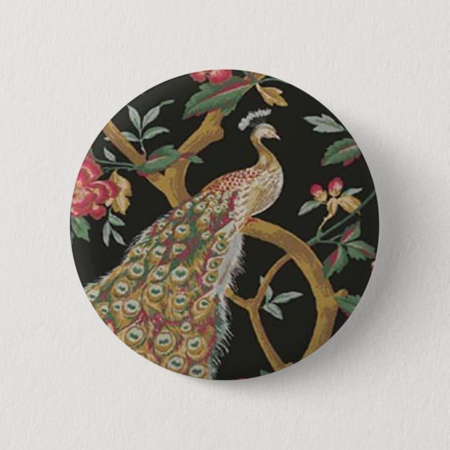Elegant Peacock On Black Button (Front)