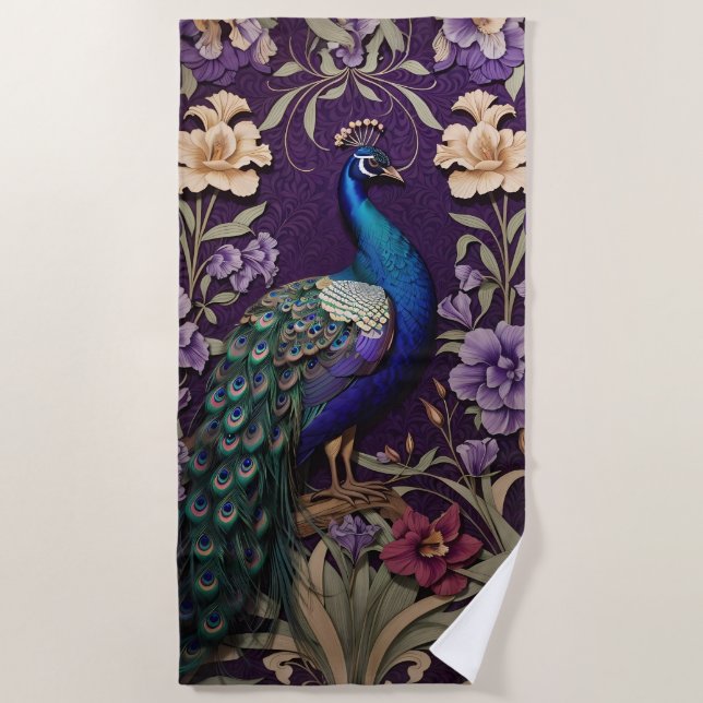 Elegant Peacock On Purple William Morris Inspired Beach Towel (Front)