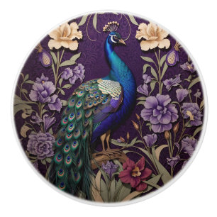 Elegant Peacock On Purple William Morris Inspired Ceramic Knob
