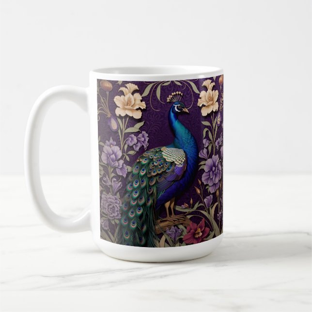 Elegant Peacock On Purple William Morris Inspired Coffee Mug (Left)