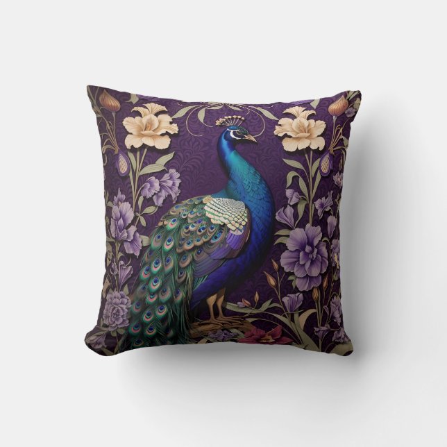 Elegant Peacock On Purple William Morris Inspired Cushion (Front)