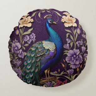 Elegant Peacock On Purple William Morris Inspired Round Cushion