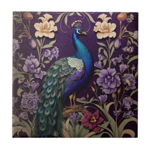 Elegant Peacock On Purple William Morris Inspired Tile