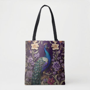 Elegant Peacock On Purple William Morris Inspired Tote Bag
