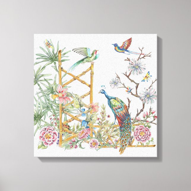 Elegant Peacock Oriental Flower Garden Chinoiserie Canvas Print (Front)