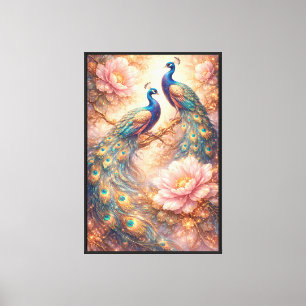 Elegant Peacock Pair Peony Flowers Gold Wall Art