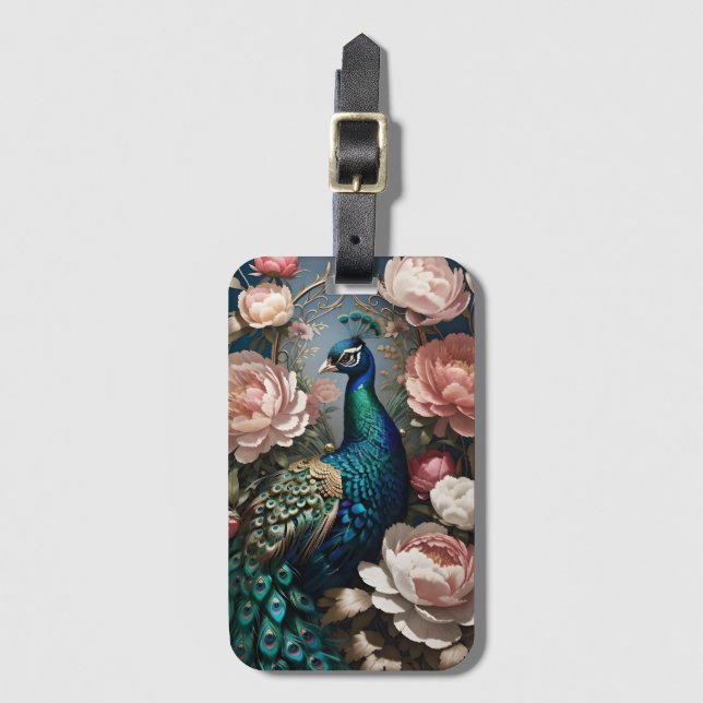 Elegant Peacock Pink Peonies  Luggage Tag (Front Vertical)