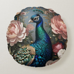 Elegant Peacock Pink Peonies Round Cushion