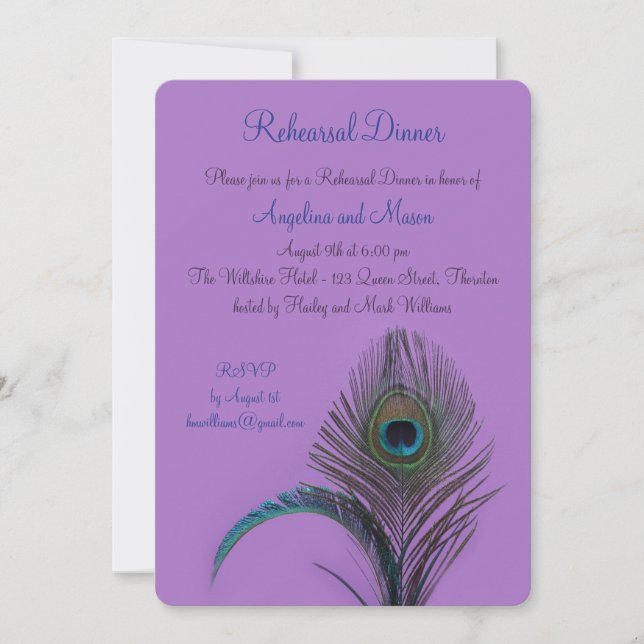 Elegant Peacock Rehearsal Dinner (purple) Invitation (Front)