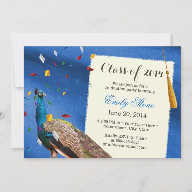 Elegant Peacock Royal Blue Graduation Party Invitation (Front)