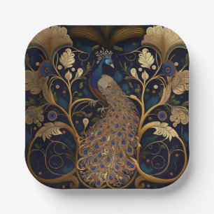 Elegant Peacock Square Paper Party Plates