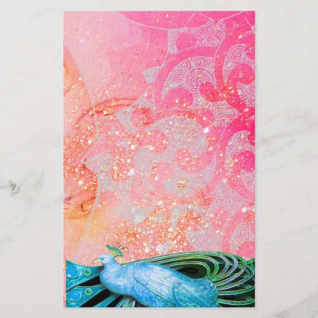 ELEGANT PEACOCK , TEAL BLUE SPARKLING PINK FUCHSIA STATIONERY (Front)