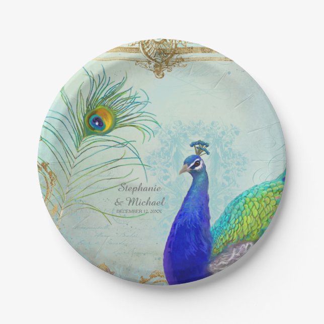 Elegant Peacock w Feather Vintage Wedding Paper Plate (Front)