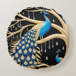 Elegant Peacock Wall Art with Gold and Blue Detail Round Cushion