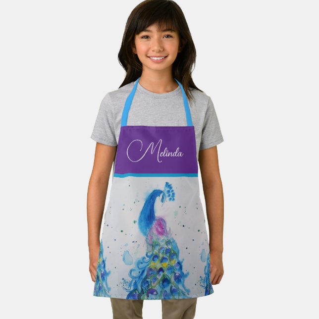 Elegant Peacock Watercolor Blue Painting Apron (Insitu)