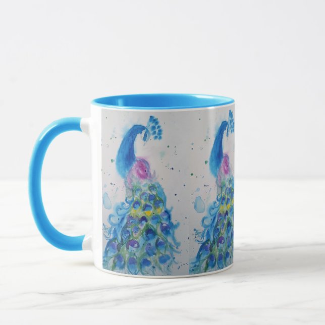 Elegant Peacock Watercolor Blue Painting Mug (Left)