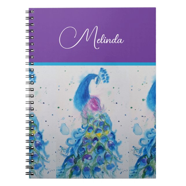 Elegant Peacock Watercolor Blue Painting Notebook (Front)