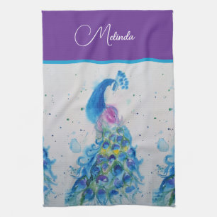 Elegant Peacock Watercolor Blue Painting Tea Towel
