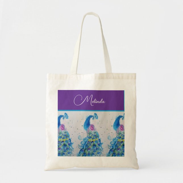Elegant Peacock Watercolor Blue Painting Tote Bag (Front)