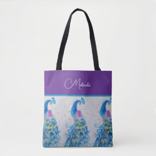 Elegant Peacock Watercolor Blue Painting Tote Bag