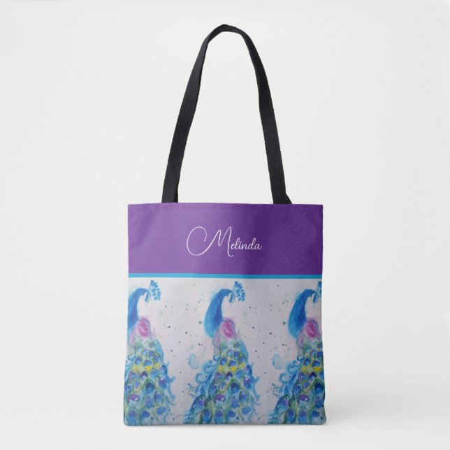 Elegant Peacock Watercolor Blue Painting Tote Bag (Front)
