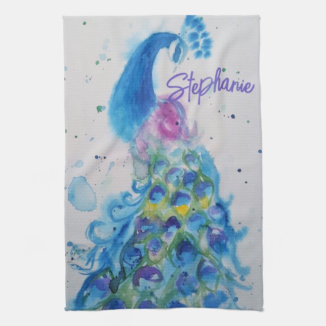 Elegant Peacock Watercolor Womens Pastel Colors Tea Towel (Vertical)