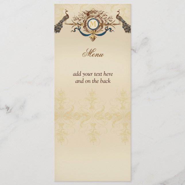 Elegant Peacock Wedding Menu Cards (Front)