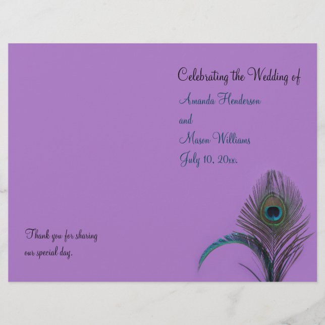 Elegant Peacock Wedding Program (purple) (Front)