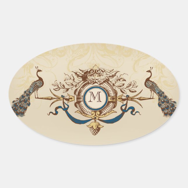 Elegant Peacock Wedding Stickers with Monogram (Front)