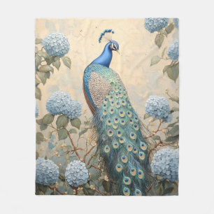 Elegant Peacock with Blue Hydrangeas Oil Painting Fleece Blanket