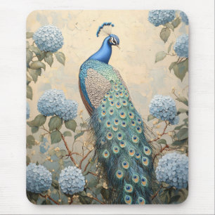 Elegant Peacock with Blue Hydrangeas Oil Painting Mouse Mat