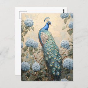 Elegant Peacock with Blue Hydrangeas Oil Painting Postcard